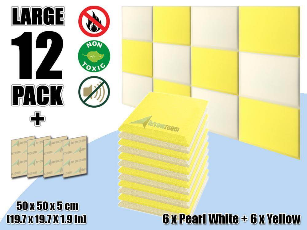 silexofy Flat Bevel Tile Series Acoustic Panel - Pearl White x Yellow Bundle - KK1039