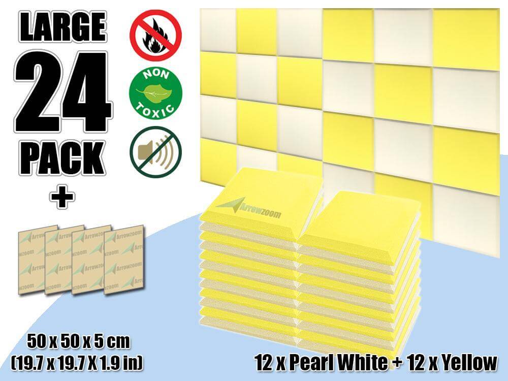 silexofy Flat Bevel Tile Series Acoustic Panel - Pearl White x Yellow Bundle - KK1039