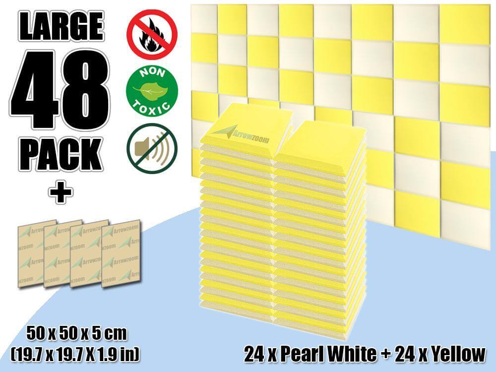 silexofy Flat Bevel Tile Series Acoustic Panel - Pearl White x Yellow Bundle - KK1039