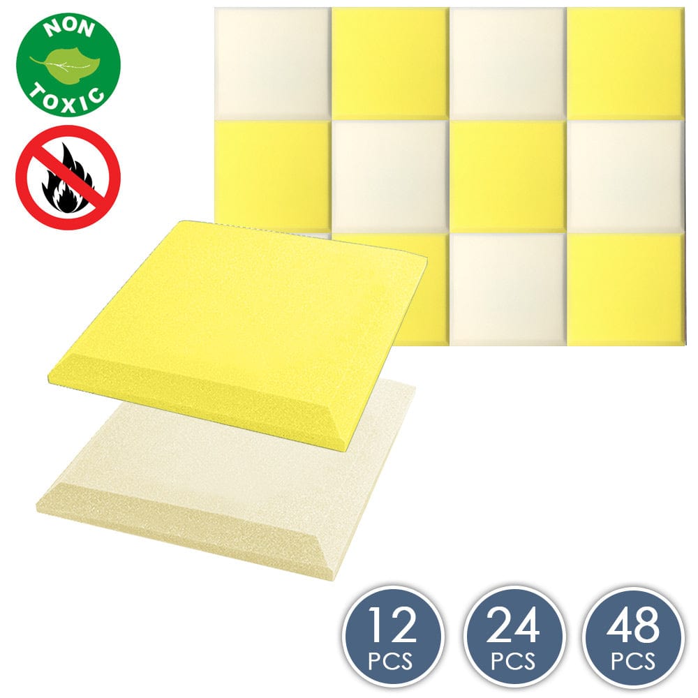 silexofy Flat Bevel Tile Series Acoustic Panel - Pearl White x Yellow Bundle - KK1039