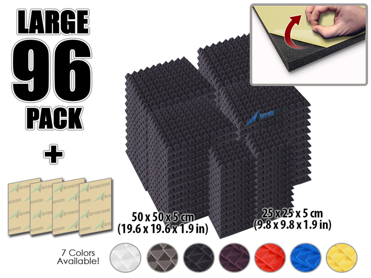 New 96 pcs Bundle Pyramid Adhesive Backed Tiles Acoustic Panels Sound Absorption Studio Soundproof Foam 7 Colors KK1053