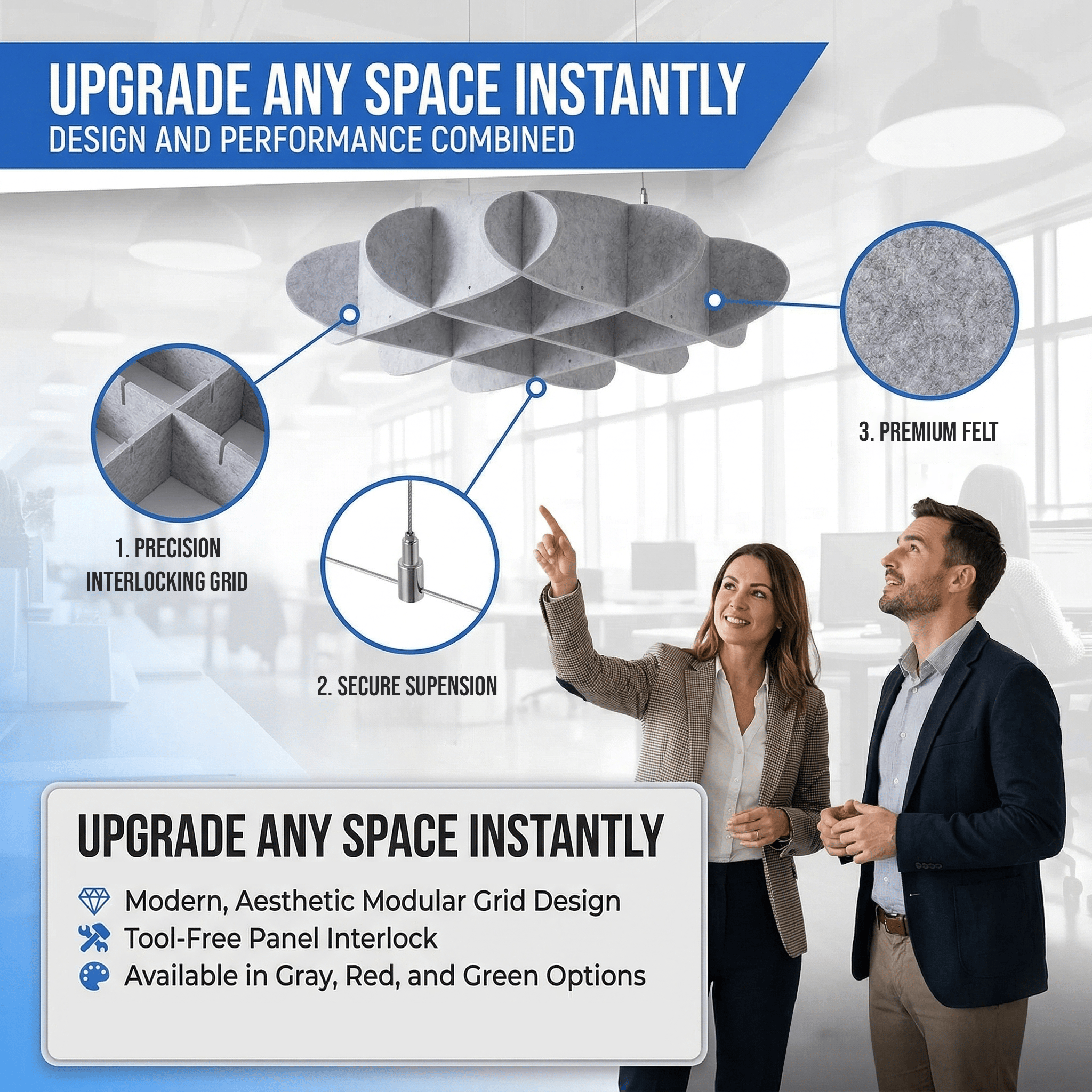 silexofy EchoArt Elegant Sound Absorbers Hanging Ceiling Panels Gray - KK1458