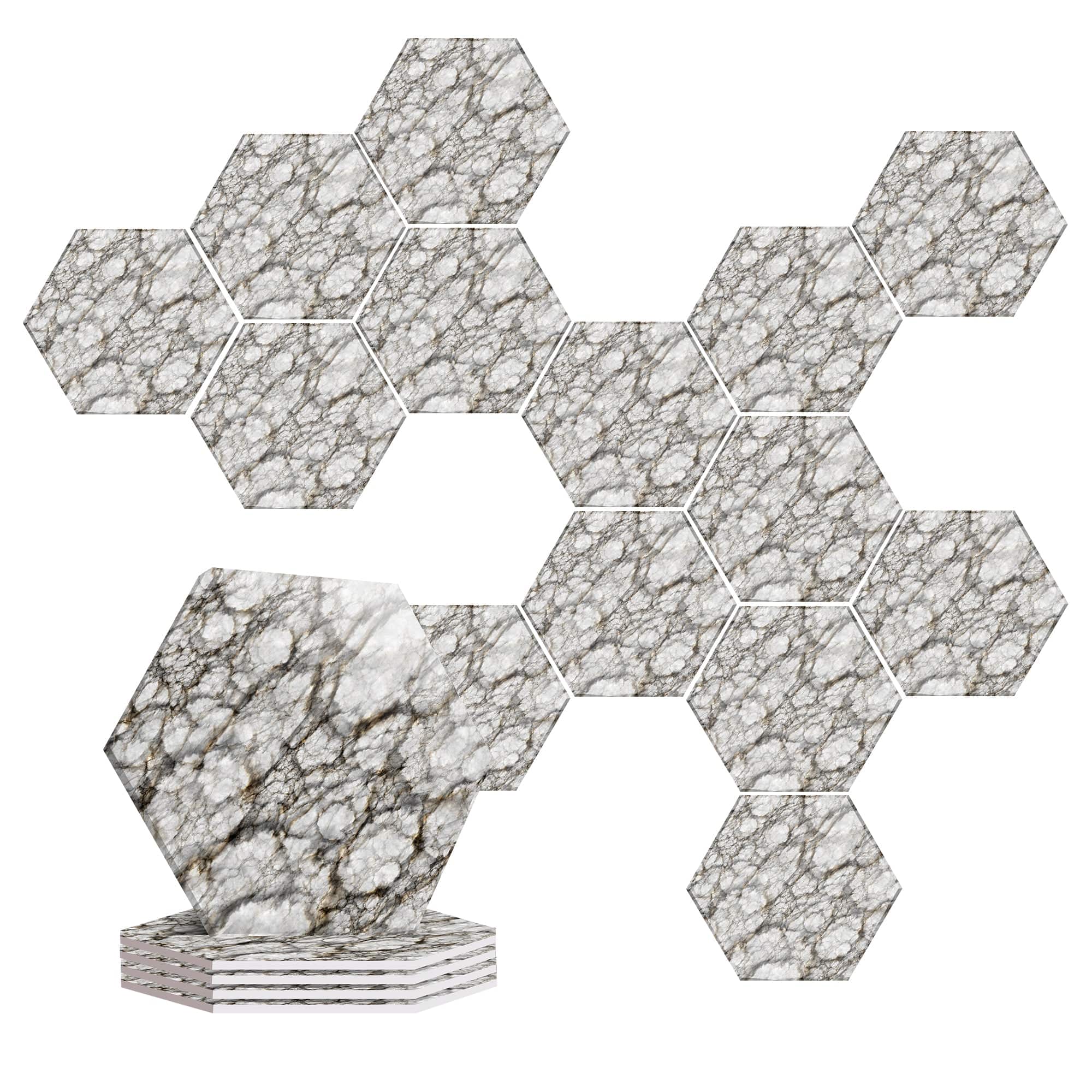 silexofy Pure Alabaster Marble Printed Self-Adhesive Hexagon Felt Art Panels -KK1408