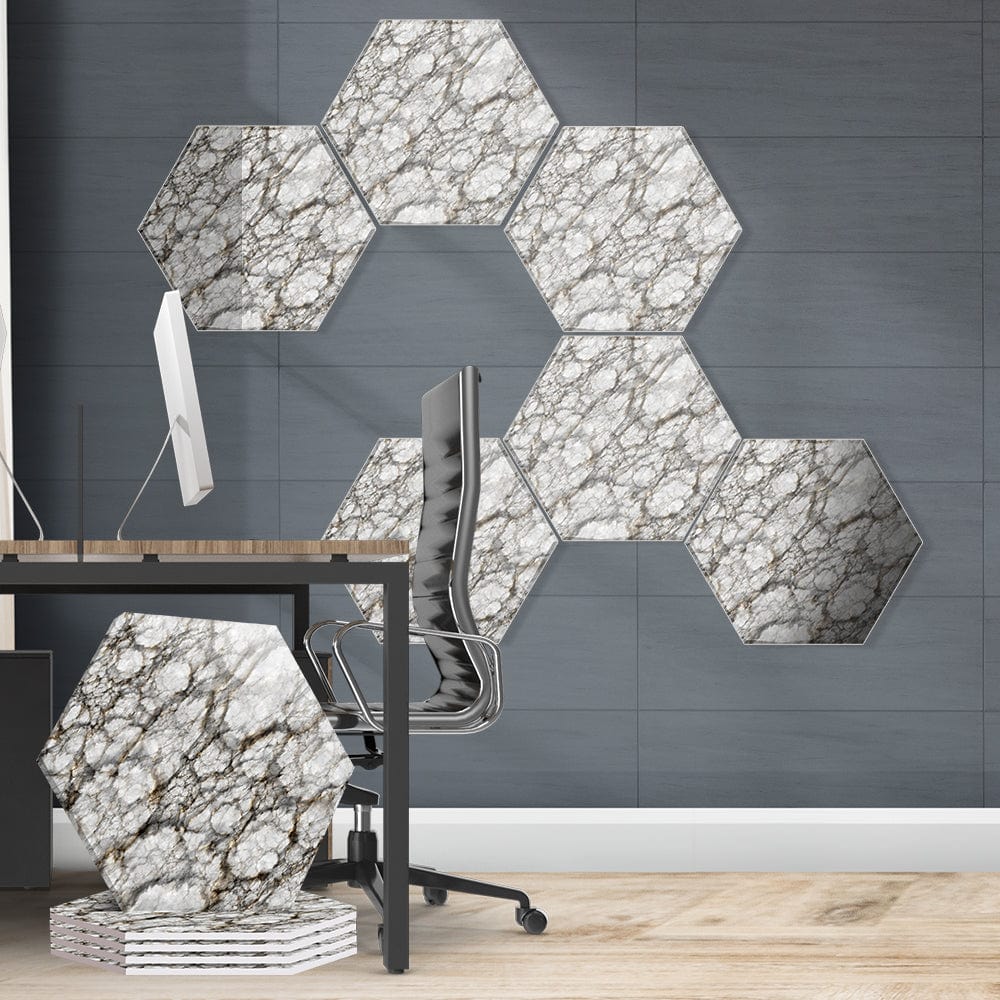 silexofy Pure Alabaster Marble Printed Self-Adhesive Hexagon Felt Art Panels -KK1408