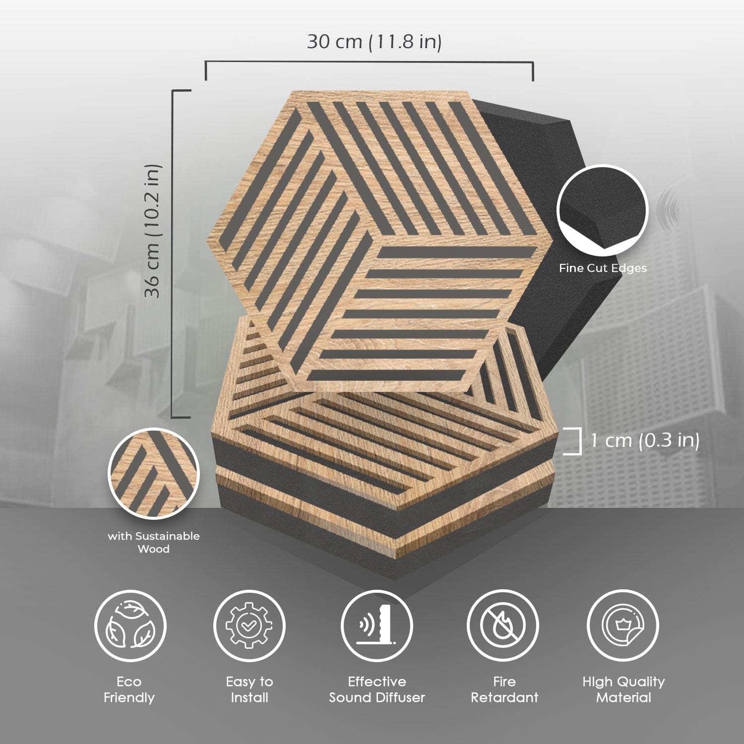 silexofy™ Diffuse PRO Isometric Lines Hexagon Felt Wooden Panel - KK1418